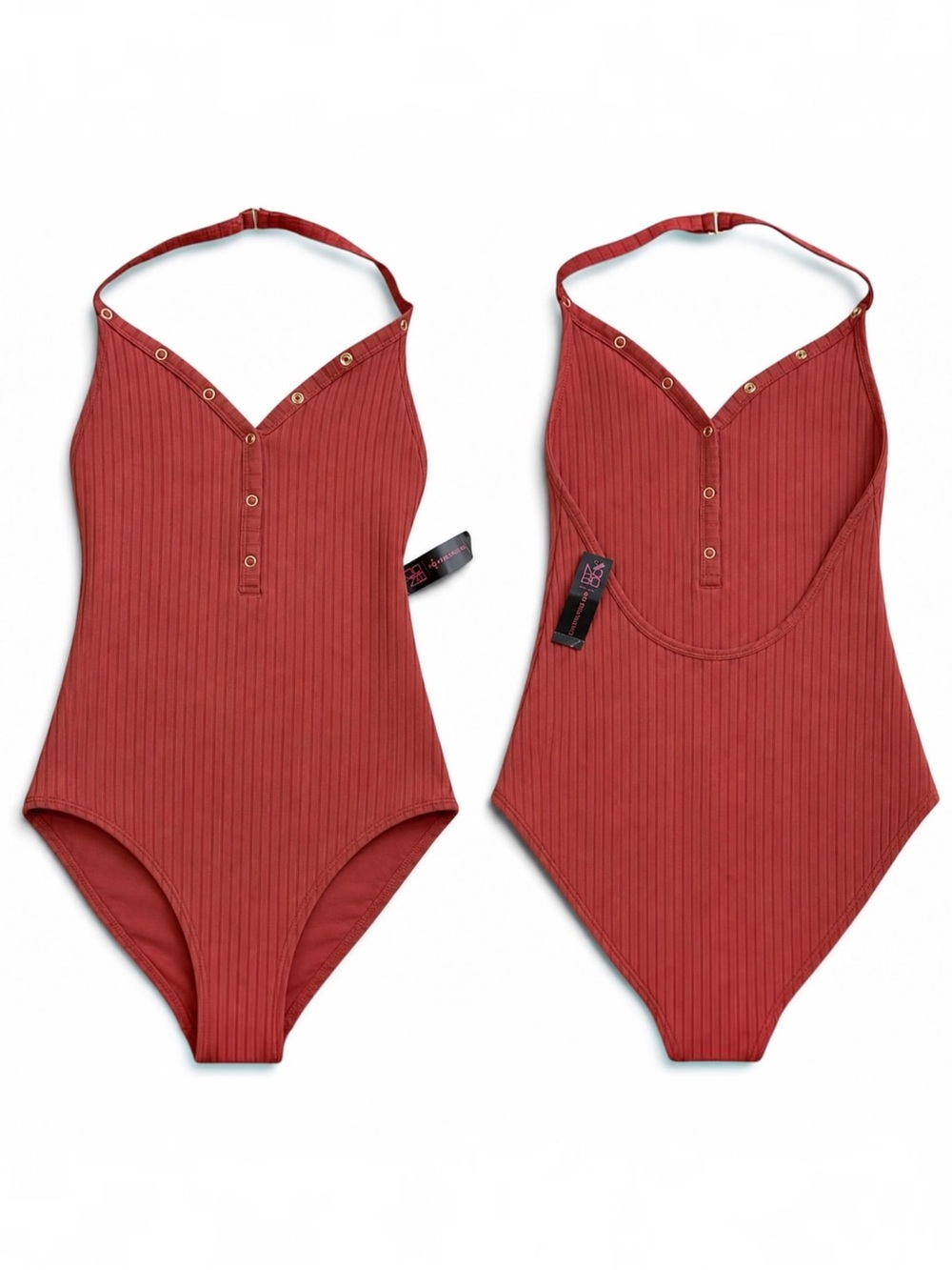 No Boundaries Women’s Ribbed Henley One-Piece Swimsuit in Rust M (7-9) NWT